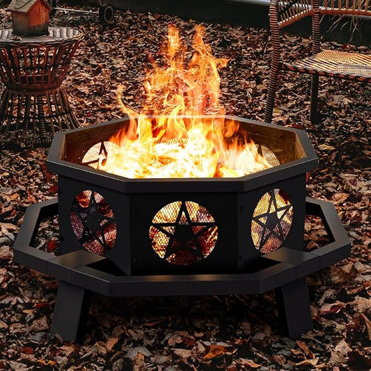 43 inch Fire Pit, Outdoor Fire Pits with Cooking Grill, Wood Burning Fire Pits for Outside, Octagonal Heavy Duty Large Firepit with Poker for Bonfire, Backyard, Camping, Patio, Picnic