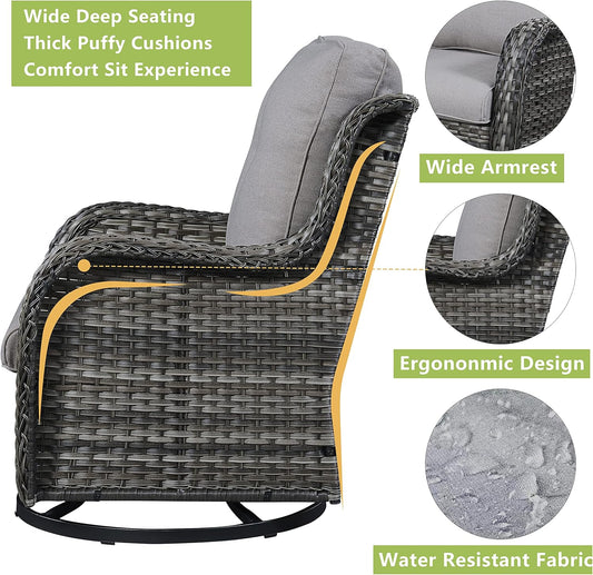 Outdoor Patio Swivel Rocker Chairs - 3 Piece Patio Bistro Set,Wicker Patio Furniture Set with 2 Swivel Rocking Chairs and 1 Glass Top Side Table for Deck Porch Garden,Mixed Grey/Grey