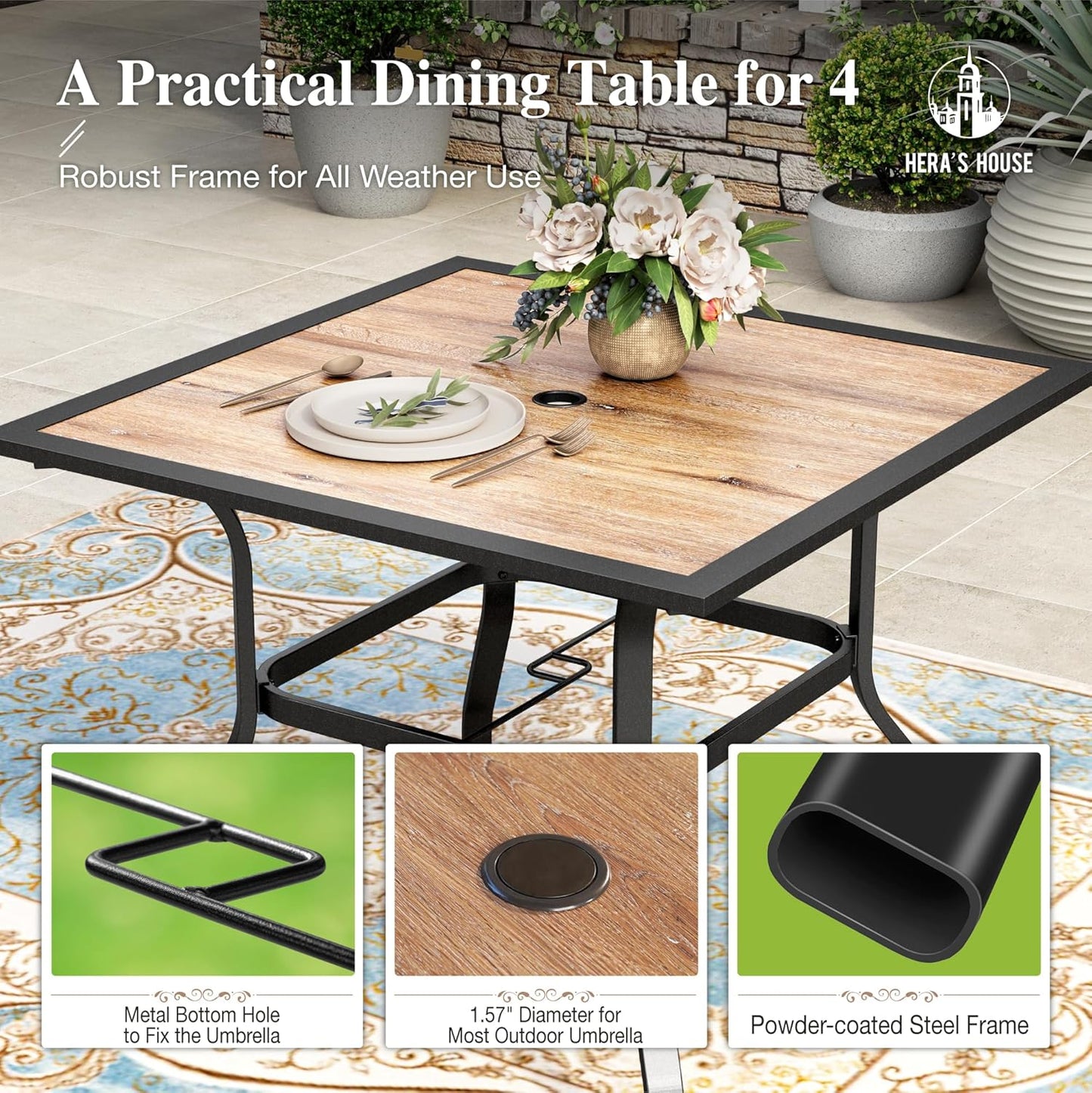 HERA'S HOUSE Outdoor Dining Set 5 Piece Patio Table and Chairs Set, 4 x Textilene Dining Chair, 37" Square Wood Look Dining Table, for Lawn Garden Backyard Deck (Blue)