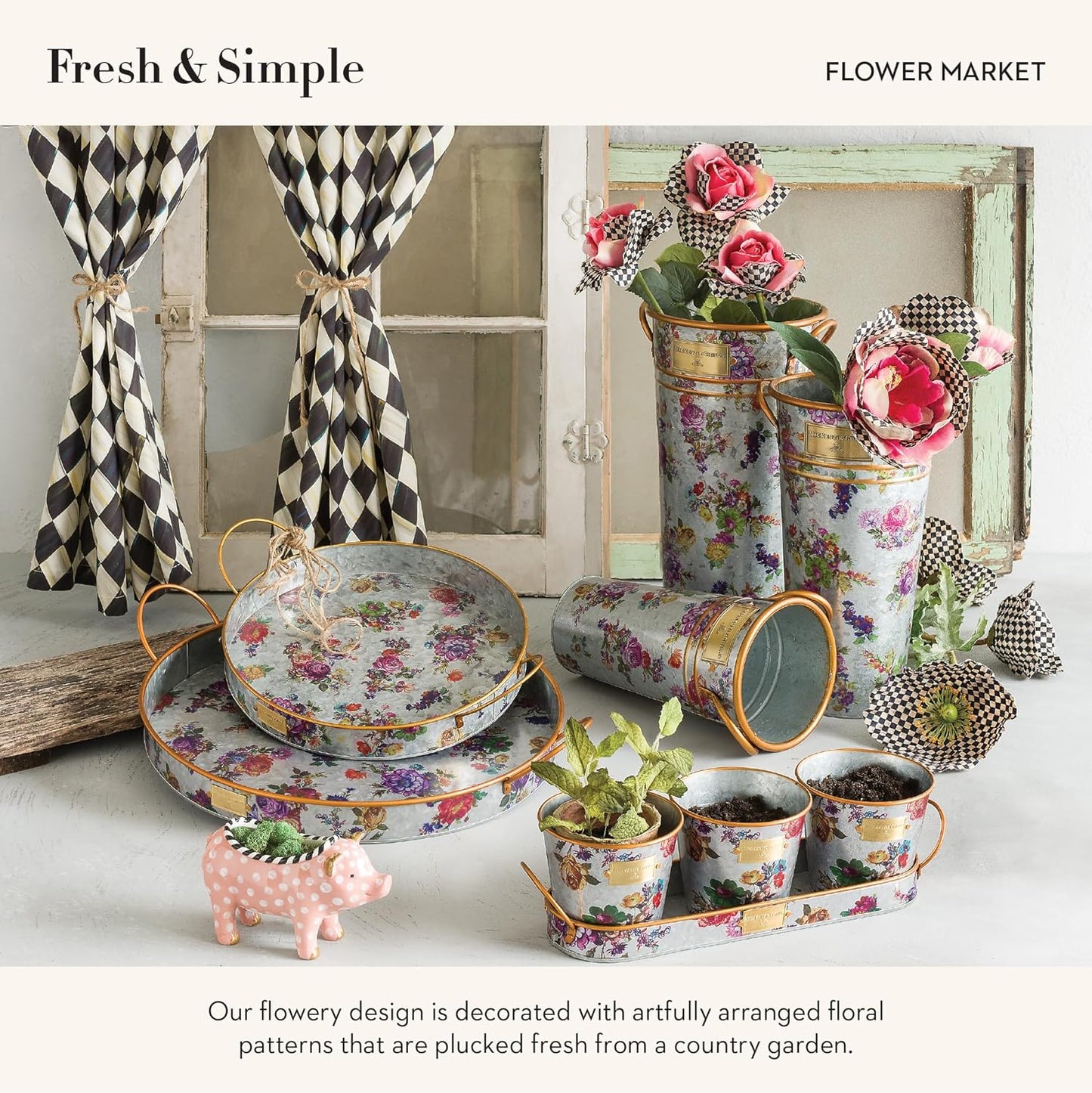 MACKENZIE-CHILDS Galvanized Flower Buckets, Decorative Metal Buckets, Flower Market, Set of 3