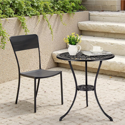 24" Outdoor Round Patio Bistro Table, Cast Aluminum Outdoor Cafe Table with 2 inch Umbrella Hole for Porch,Backyard,Garden, Tulip Pattern, Black