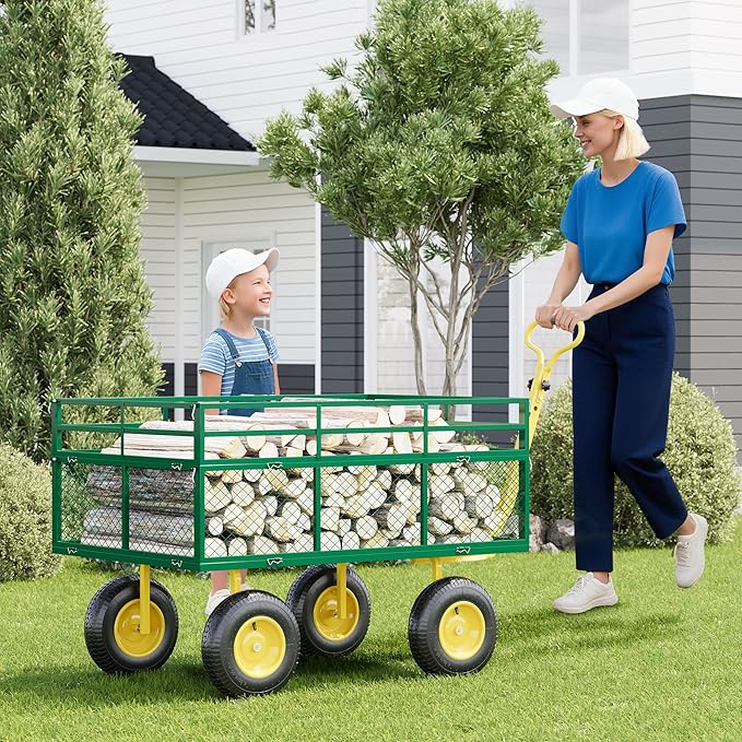1400LB Capacity Garden Cart, 3-in-1 Heavy Duty Utility Wagon with 13" All-Terrain Tires, Removable Mesh Sides & 180° Swivel Handle - Outdoor Yard Cart for Gardening, Farming, Patio Use