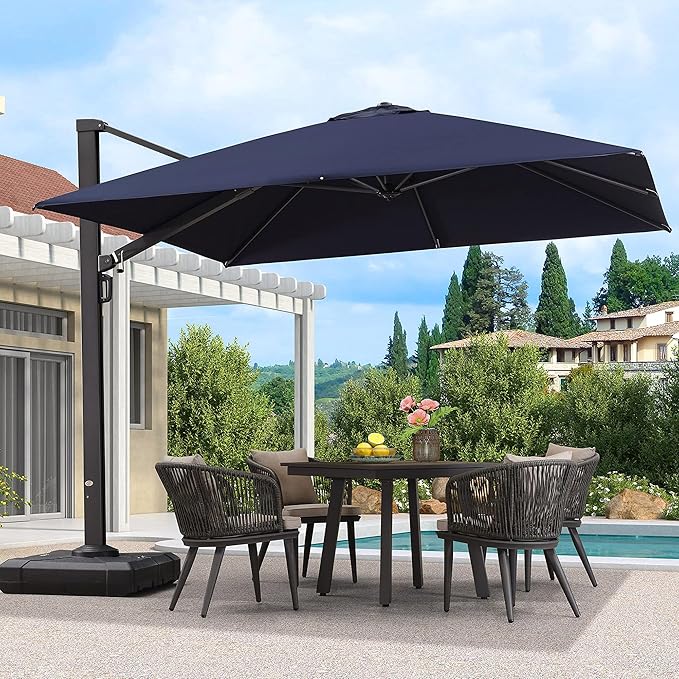 PURPLE LEAF 10 FT Cantilever Umbrella with Base Square Large Aluminum Outdoor Offset Patio Umbrella with 360° Rotation for Pool Garden Deck Backyard Navy Blue