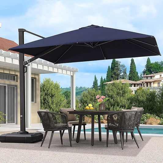 PURPLE LEAF 10 FT Cantilever Umbrella with Base Square Large Aluminum Outdoor Offset Patio Umbrella with 360° Rotation for Pool Garden Deck Backyard Navy Blue