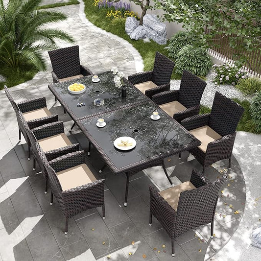 Kurapika 10-Piece Patio Furniture Outdoor Dining Set, Wicker Rattan Patio Dining Table and Chairs Set, Square Tempered Glass Tabletop and 8 Chair Set, Sand
