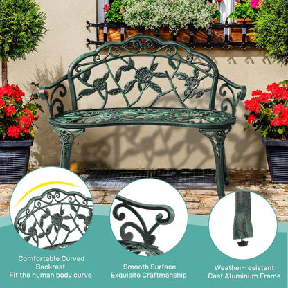 VINGLI 38.5" Patio Park Garden Outdoor Metal Rose Bench,Cast Iron Cast Aluminium Frame Antique Finish Chair,Accented Lawn Front Porch Path Yard Decor Deck Furniture for 2 Person Seat（Green&Black
