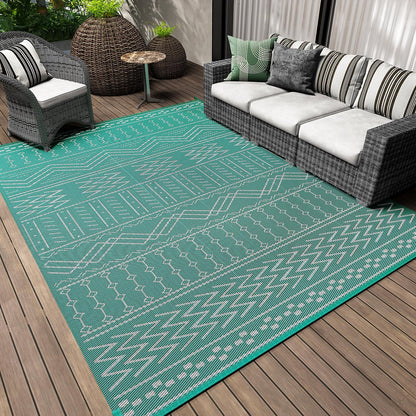 Outdoor Rug Carpet Waterproof 6x9 ft Patio Rug Mat Indoor Outdoor Area Rug for RV Camping Picnic Reversible Lightweight Plastic Straw Outside Rug for Patio Decor Decoration Boho Rug Turquoise White