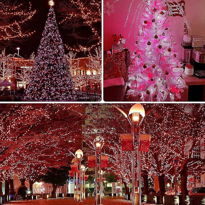 OZS 4 Pack 320LED Solar Christmas String Lights Outdoor, Waterproof 8 Modes Solar Tree Light, Green Wire Christmas Lights Outdoor for Garden, Party, Wedding, Christmas Decorations (Red&Cool White)