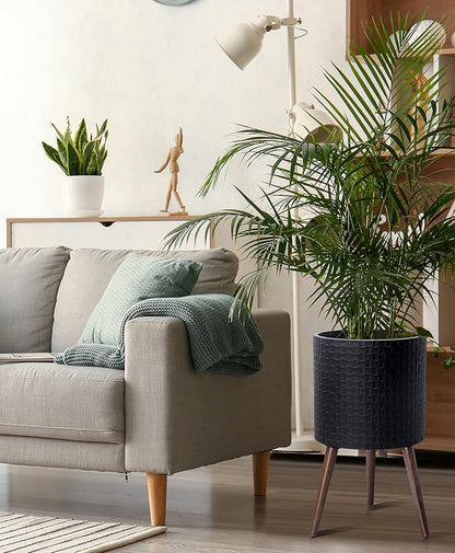 D'vine Dev 14 Inch Modern Geometric Tile Patterned Sleek Planter Pot with Stand, Indoor Outdoor Decorative Plant Holder, Matte Black, 88-Z-D-2