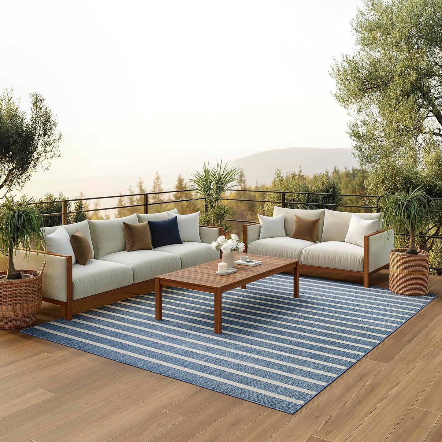 Nourison Home Positano Indoor/Outdoor Navy Ivory 9' x 12' Area Rug, Easy Cleaning, Non Shedding, Bed Room, Living Room, Dining Room, Backyard, Deck, Patio (9x12)