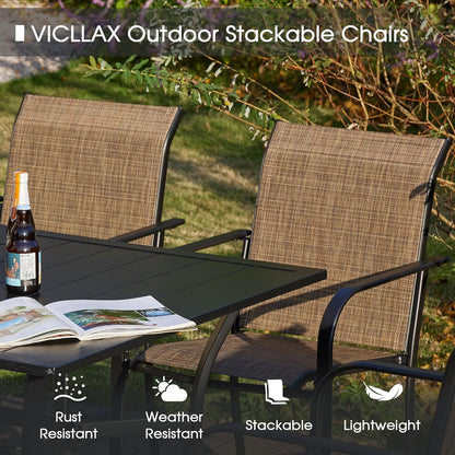 VICLLAX Patio Dining Set for 6, Outdoor Furniture Set Includes 47.2" Round Patio Table and 6 Patio Sling Chairs, Walnut Tabletop and Brown Fabric