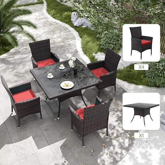 Kurapika 5-Piece Patio Furniture Outdoor Dining Set, Wicker Rattan Patio Dining Table and Chairs Set, Square Tempered Glass Tabletop with Umbrella Hole and 4 Chair Set, Red