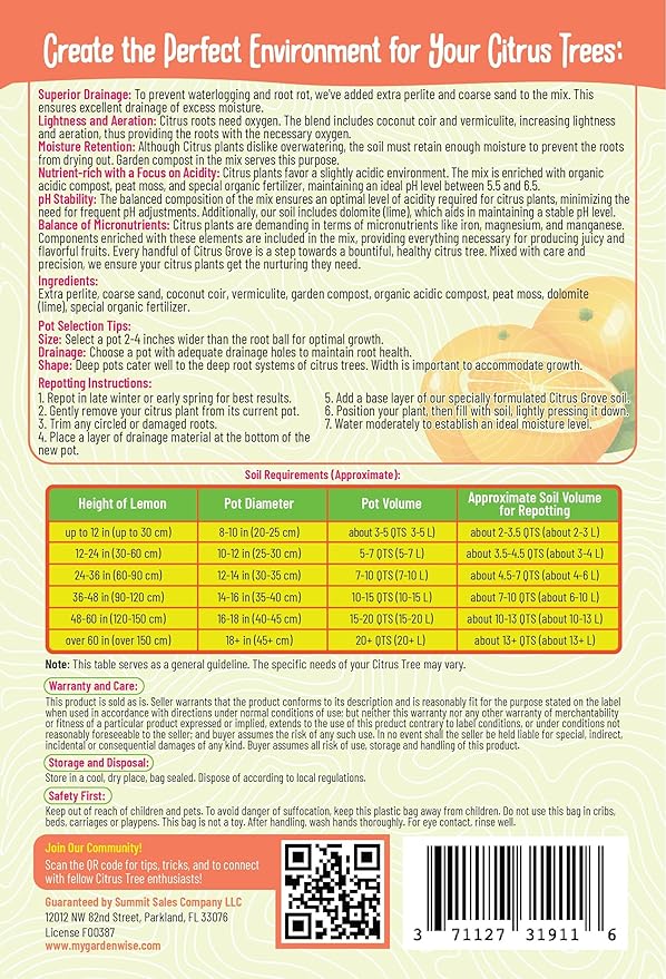 Premium Organic Citrus Potting Soil for Indoor/Outdoor Plants - Perfect for Oranges, Lemons, Limes & Grapefruits Trees - Hand Blended for Optimal Growth (2 QUARTS)