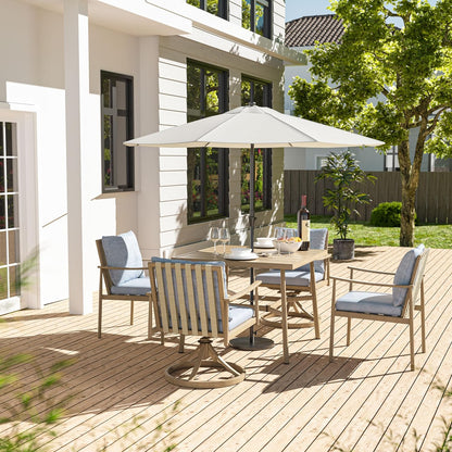 HAPPATIO Patio Table for 4, Modern Square Outdoor Dining Table with Umbrella Hole and Adjustable Feet, All Weather Aluminum Patio Table for Garden, Backyard and Poolside, Brown