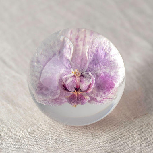 Real Purple Orchid Paperweight - Home Decor Crystal Resin Ball 3.14in (80mm) - Clear Resin Purple Orchid Flower Globe for Special Days - Sphere Figurine Office Paperweight w/Flat Bottom