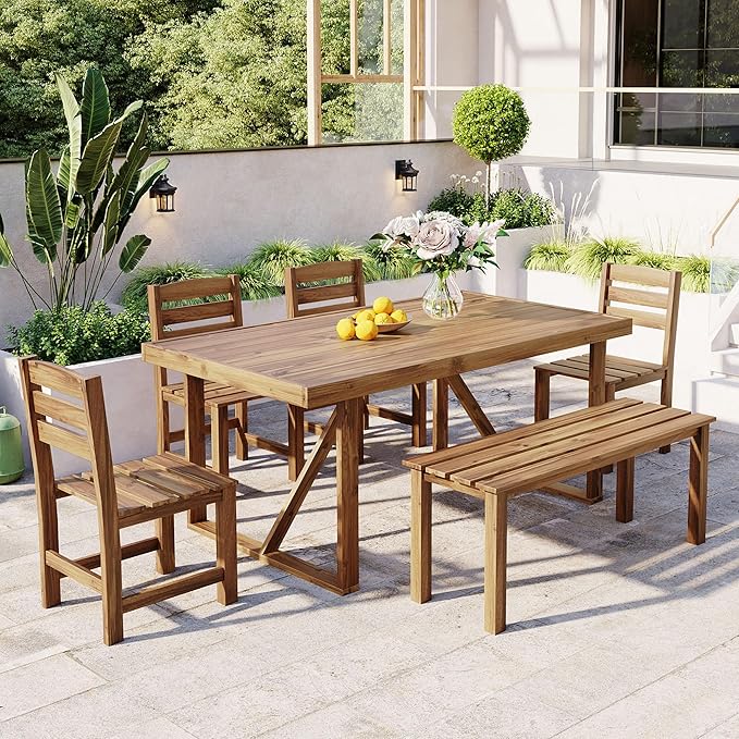 Outdoor, Residential Dining Table, 4-Chair ，Bench Set, 6PC,Wooden Frame,Patio, Balcony, Backyard,Gardens, Poolside