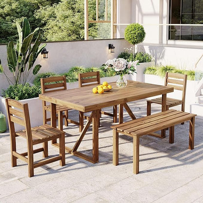 Outdoor, Residential Dining Table, 4-Chair ，Bench Set, 6PC,Wooden Frame,Patio, Balcony, Backyard,Gardens, Poolside