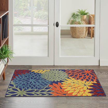 Nourison Home Aloha Indoor-Outdoor Navy Multicolor 2'8" x 4' Area Rug, Easy Cleaning, Non Shedding, Bed Room, Living Room, Dining Room, Backyard, Deck, Patio (3x4)