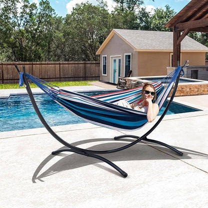 SUNCREAT Hammocks for Outside with Stand, Porch Hammock and Stand, 475 lbs Capacity, Blue & Red Stripes