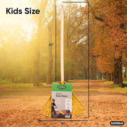 Superio Kids Rake with Hardwood Handle, Durable Plastic Head to Sweep Leaves in Lawn and Tidying Up The Garden, 34" (Kid Size, Yellow, 1-Pack)