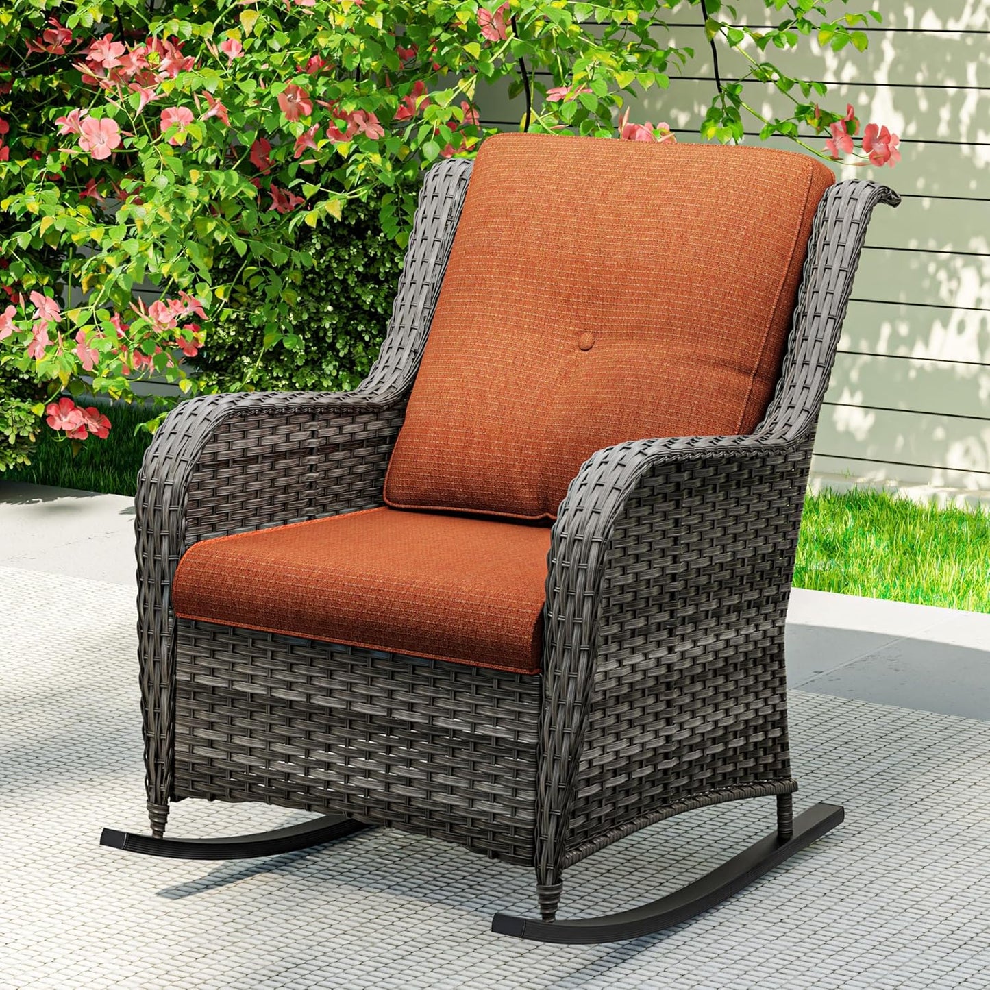 1 PC Outdoor Rocking Chair, Wicker Patio Rocker Chair for Yard, Porch, Mixed Brown Grey Rattan, Orange Cushions