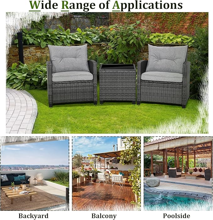 RELAX4LIFE Wicker Patio Furniture Sets - 3 Pieces Rattan Sofa Set, Outdoor Conversation Set with Tempered Glass Tabletop, Heavy-Duty Steel Frame, Wicker Chair Set for Poolside, Backyard, Grey