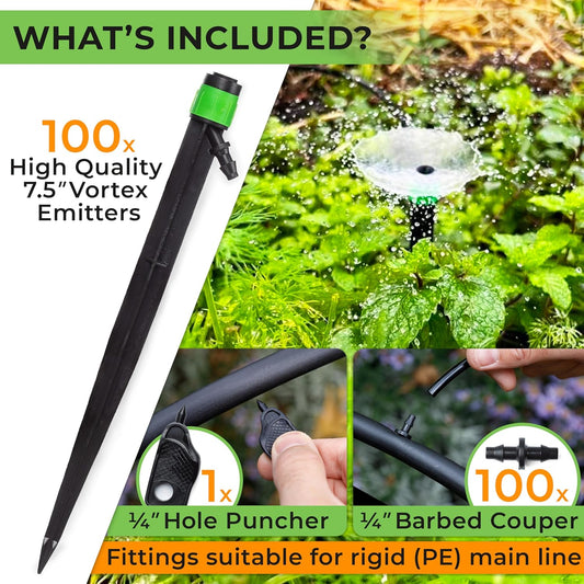 CARPATHEN 100 Drip Irrigation Emitters Vortex - Drip Irrigation Parts for Irrigation Kit - 1/4 inch Irrigation Tubing Compatible - 360 deg Adjustable Fan Sprayer for Raised Garden Bed, Potted Plants