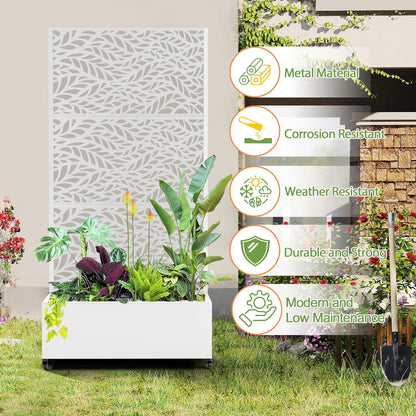 Raised Garden Bed with Trellis and Wheels,73"x35"x16" Metal Raised Garden Bed,White Flowing Leaf Metal Planter with Climbing Trellis for Vines & Vegetables