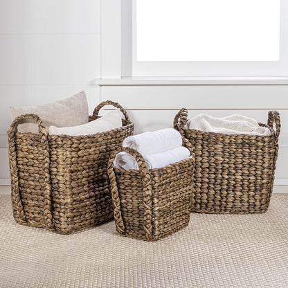 happimess BSK2001B-3SET Clara Farmhouse Classic Handwoven Hyacinth Rectangle Floor Wicker Storage Baskets with Handles, Brown (Set of 3), Seagrass Containers for Decoration in Living Room, Bedroom