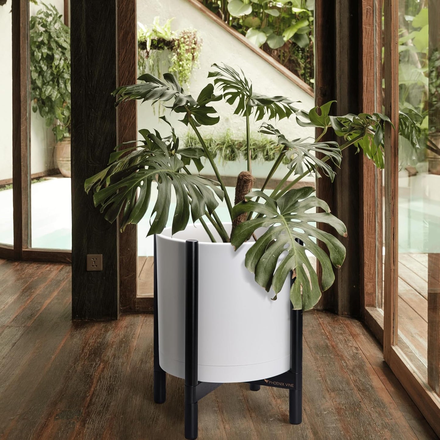 D'vine Dev Planter Pot with Stand - 16 Inch Plastic Cylinder Flower Pot with Wood Planter Holder for Indoor, Matte White Pot + Ebony Stand, 55-C-Z-1