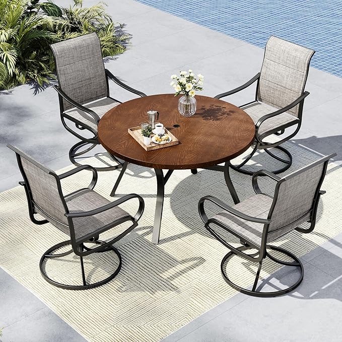 MFSTUDIO Round Patio Table and Chairs Set of 4, Outdoor Dining Set for Deck/Backyard/Poolside/Garden, 5 Piece Patio Furniture Set with Umbrella Hole