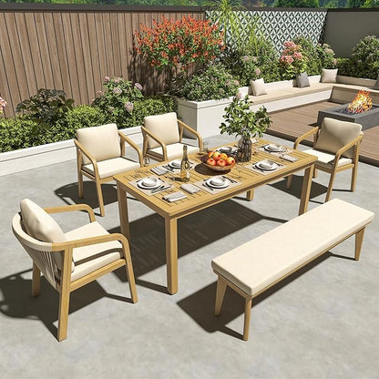 Wisteria Lane 6 Pieces Acacia Patio Dining Set for 6, Patio Dining Table and Chairs Set with Cushion, Modern Outdoor Dining Furniture Set for Lawn Backyard Garden Deck, Beige