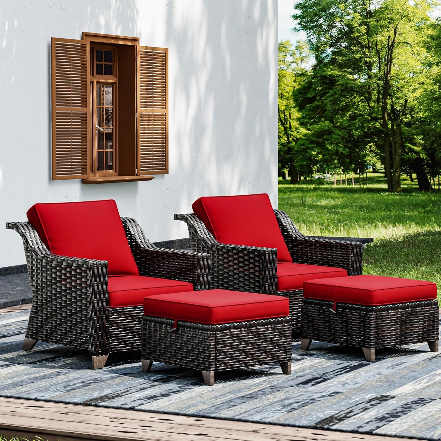 Joyside Wicker Patio Furniture Sets, 4 Pieces Upgraded Large Size Outdoor Furniture with Patio Dining Chairs and Outdoor Ottoman, Thick Cushions, Wide Armrest