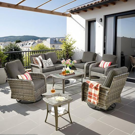 7-Piece Wicker Patio Furniture Set, All-Weather Rattan Conversation Bistro Loveseat Chair and Patio Rockers Set for Backyard, Balcony and Deck with Soft Cushions and Metal Table(Black)