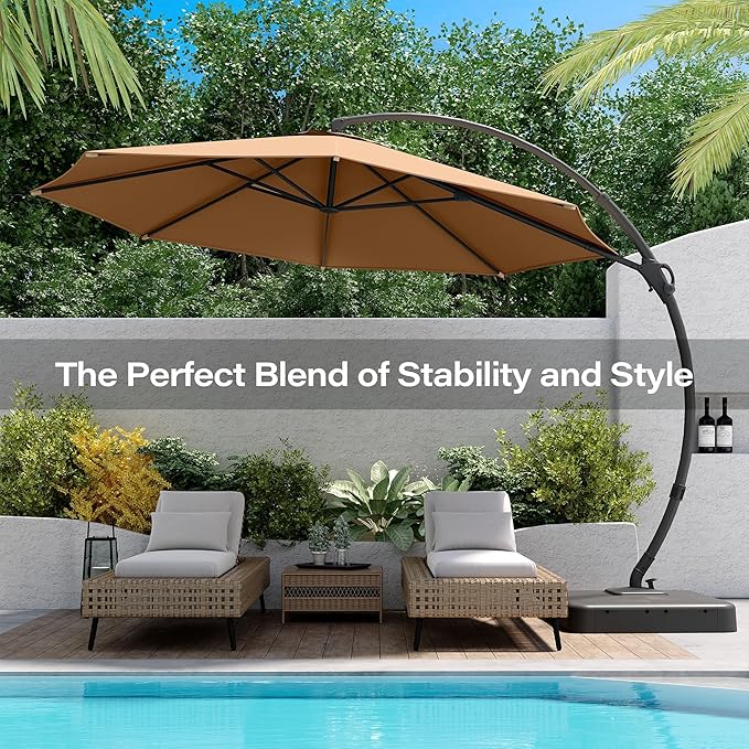 LAUSAINT HOME Outdoor Patio Umbrella with Base included, 12 FT Deluxe Curvy Cantilever Umbrella Offset Hanging umbrella with 360° Rotation for Market, Pool, Garden, Backyard, Deck (Tan, 12 FT)