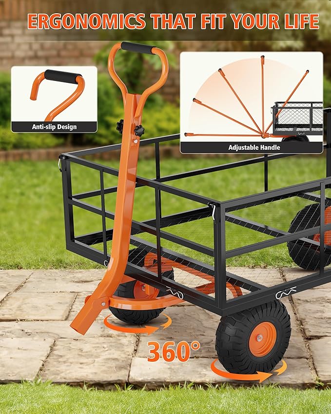 1200LB Capacity Garden Cart, 3-in-1 Heavy Duty Utility Wagon with 13" All-Terrain Tires, Removable Mesh Sides & 180° Swivel Handle - Outdoor Yard Cart for Gardening, Farming, Patio Use