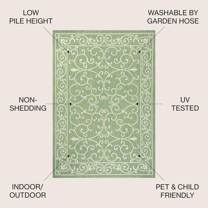 JONATHAN Y SMB106K-4 Charleston Vintage Filigree Textured Weave Indoor Outdoor Area Rug, Classic Traditional Easy-Cleaning,Bedroom,Kitchen,Backyard,Patio,Non Shedding, 4 X 6, Green/Ivory