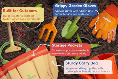 Gardening Set, Tool Kit, for Kids, STEM, Includes Tote Bag, Spade, Watering Can, Rake, Fork, Trowel and Gloves (Sunshine)