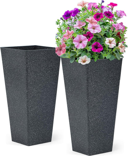 28" Tall V-Shaped Planters Set of 2, Oversized Plastic Flower Pots for Garden Patio Porch or Indoor Home Decor, Weather-Resistant Outdoor Planter Boxes, Hand-Painted Black Terrazzo-Look
