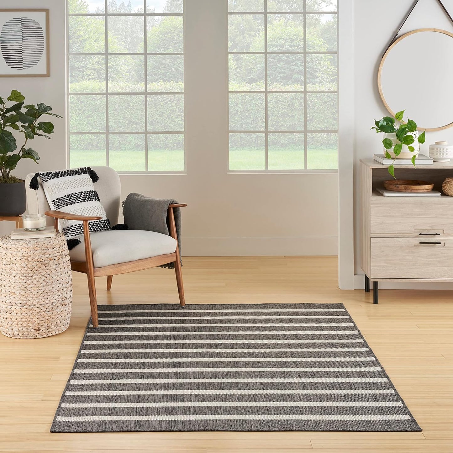 Nourison Home Positano Indoor/Outdoor Charcoal Ivory 5' x 7' Area Rug, Easy Cleaning, Non Shedding, Bed Room, Living Room, Dining Room, Deck, Backyard, Patio (5x7)