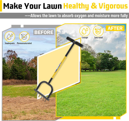 Lawn Aerator Tool, Lawn Aerator with six 6mm Extra-Large Spikes, Clears Leaves and Dirt, Metal Hand Aerator for loosening Soil, aerates Patio and Garden