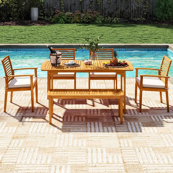 Tangkula 6 Pieces Outdoor Acacia Wood Dining Set, Rectangle Patio Dining Table with Umbrella Hole and 4 Cushioned Chairs and Bench, for Backyard Garden Poolside Deck