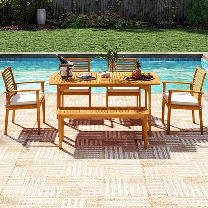 Tangkula 6 Pieces Outdoor Acacia Wood Dining Set, Rectangle Patio Dining Table with Umbrella Hole and 4 Cushioned Chairs and Bench, for Backyard Garden Poolside Deck