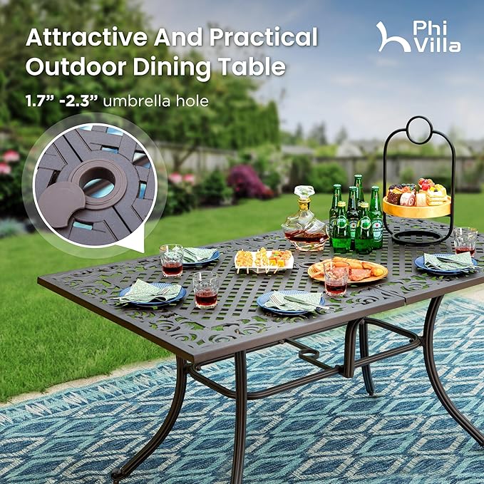 PHI VILLA 7 Piece Cast Aluminum Patio Dining Set for 6, Outdoor Table and Chairs, Patio Furniture Set with 63" x 37.4" Aluminum Table and 6 Swivel Rockers Dining Chairs with Cushions