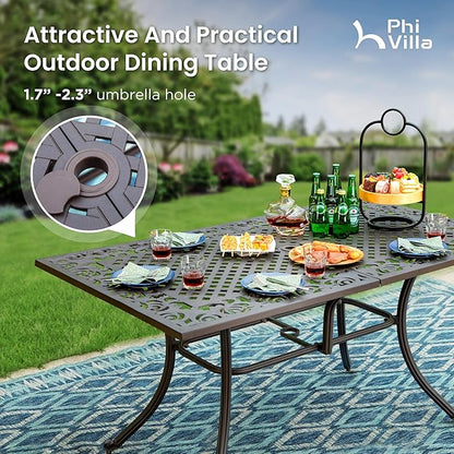 PHI VILLA 7 Piece Cast Aluminum Patio Dining Set for 6, Outdoor Table and Chairs, Patio Furniture Set with 63" x 37.4" Aluminum Table and 6 Swivel Rockers Dining Chairs with Cushions