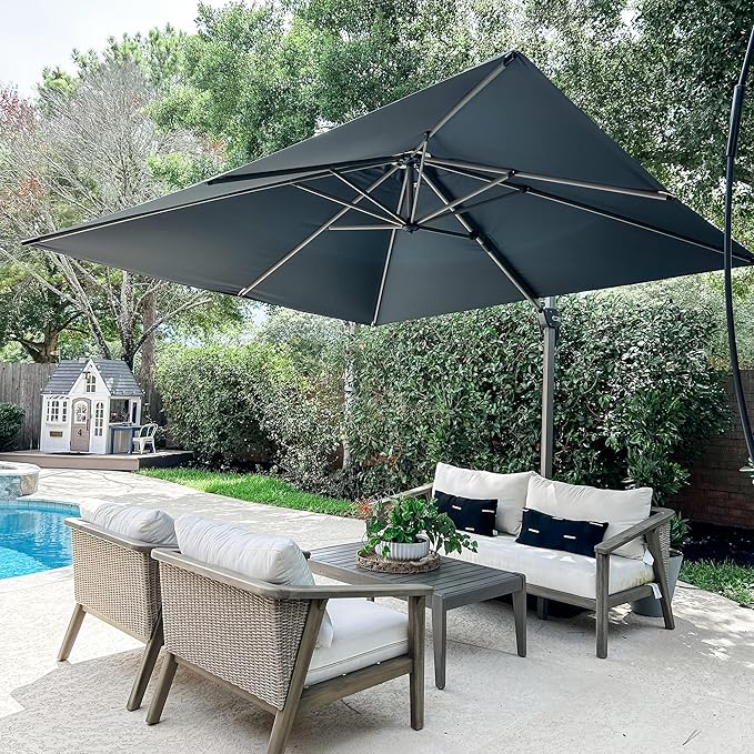 PURPLE LEAF 10' X 10' Patio Umbrella Outdoor Cantilever Umbrella, Aluminum Offset Umbrella with Champagne Frame and 360° Rotation for Pool Deck Garden, Grey