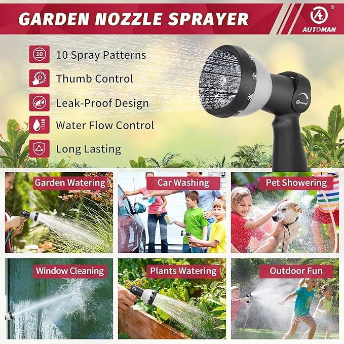 AUTOMAN Garden Hose Nozzle - 10 Adjustable Spray Patterns, Thumb Flow Control Hose Sprayer, Water Hose Spray Nozzle for Plants Watering, Car Washing, Window Cleaning, Pets Bathing, Outdoor Fun, Black