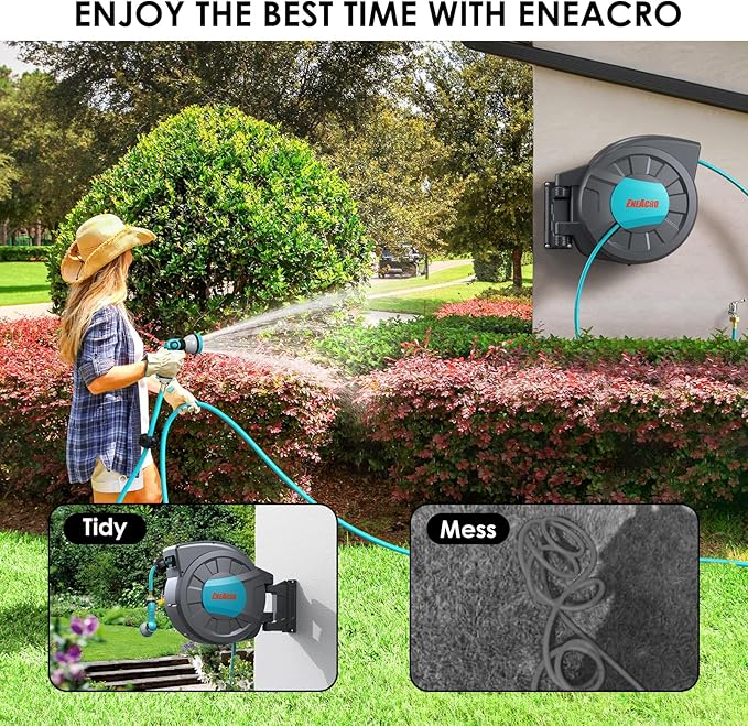 ENEACRO Retractable Garden Hose Reel with Wall Mount 1/2"×120ft with 10 Pattern Hose Nozzle, Brass Connector, Auto Rewind/Any Length Lock/ 180° Swivel Bracket, Ideal for Garden Watering