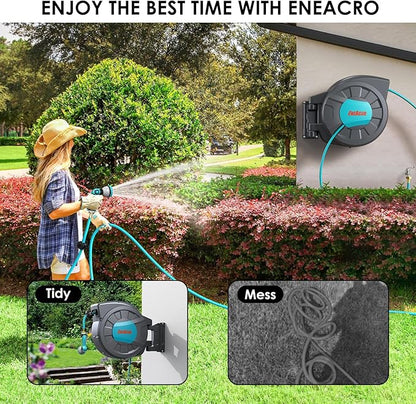 ENEACRO Retractable Garden Hose Reel with Wall Mount 1/2"×120ft with 10 Pattern Hose Nozzle, Brass Connector, Auto Rewind/Any Length Lock/ 180° Swivel Bracket, Ideal for Garden Watering