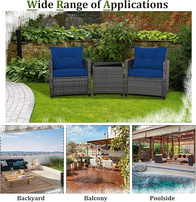 RELAX4LIFE Wicker Patio Furniture Sets - 3 Pieces Patio Rattan Sofa Set, Outdoor Conversation Set with Tempered Glass Tabletop, Heavy-Duty Steel Frame, Wicker Chair Set for Poolside, Backyard, Navy